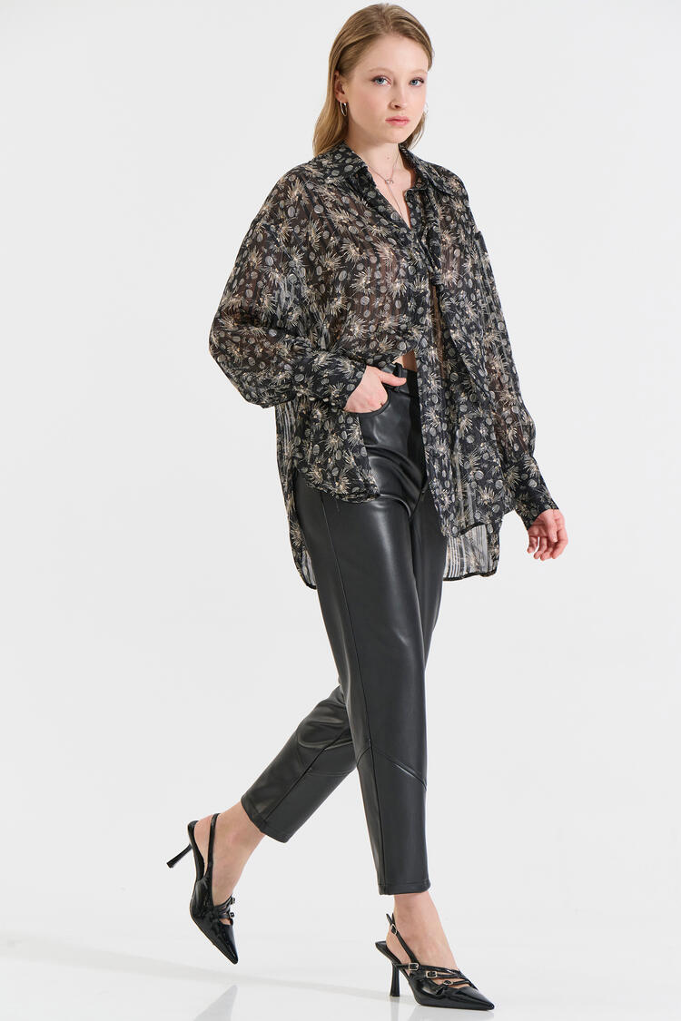 Five-Pocket Faux Leather Pants - Black XXL