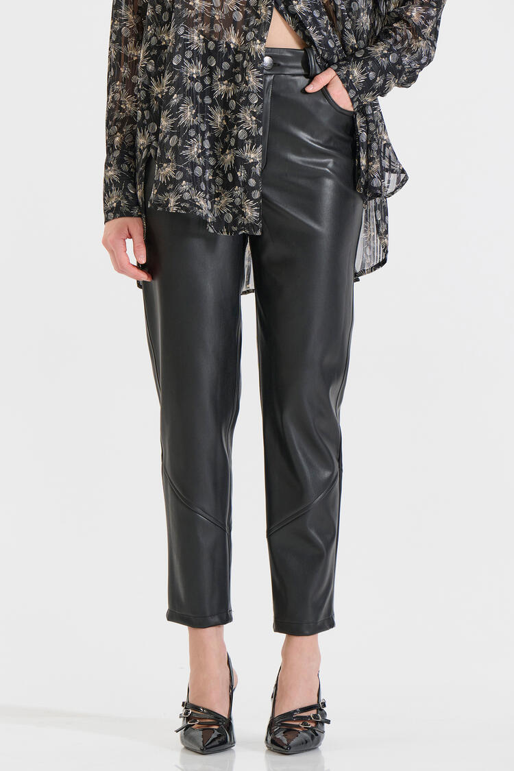 Five-Pocket Faux Leather Pants - Black XXL