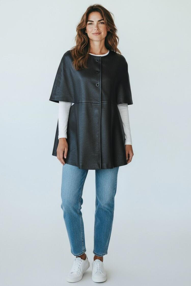 Cape with Faux-Leather Texture - Black O/S