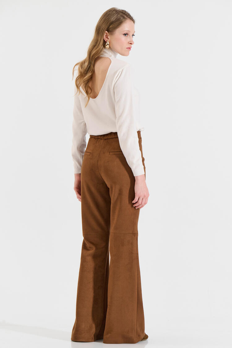 Suede-Feel Flared Pants - Taupe L