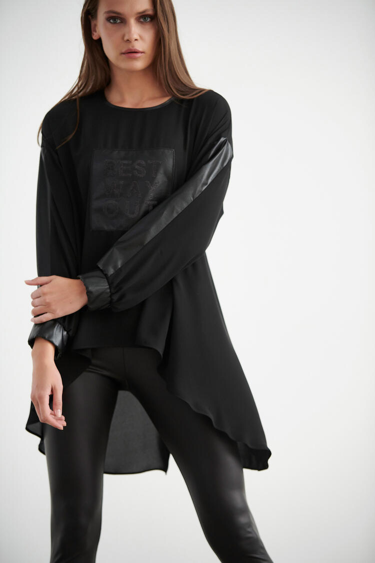 Asymmetrical blouse with a combination of fabrics - Black S