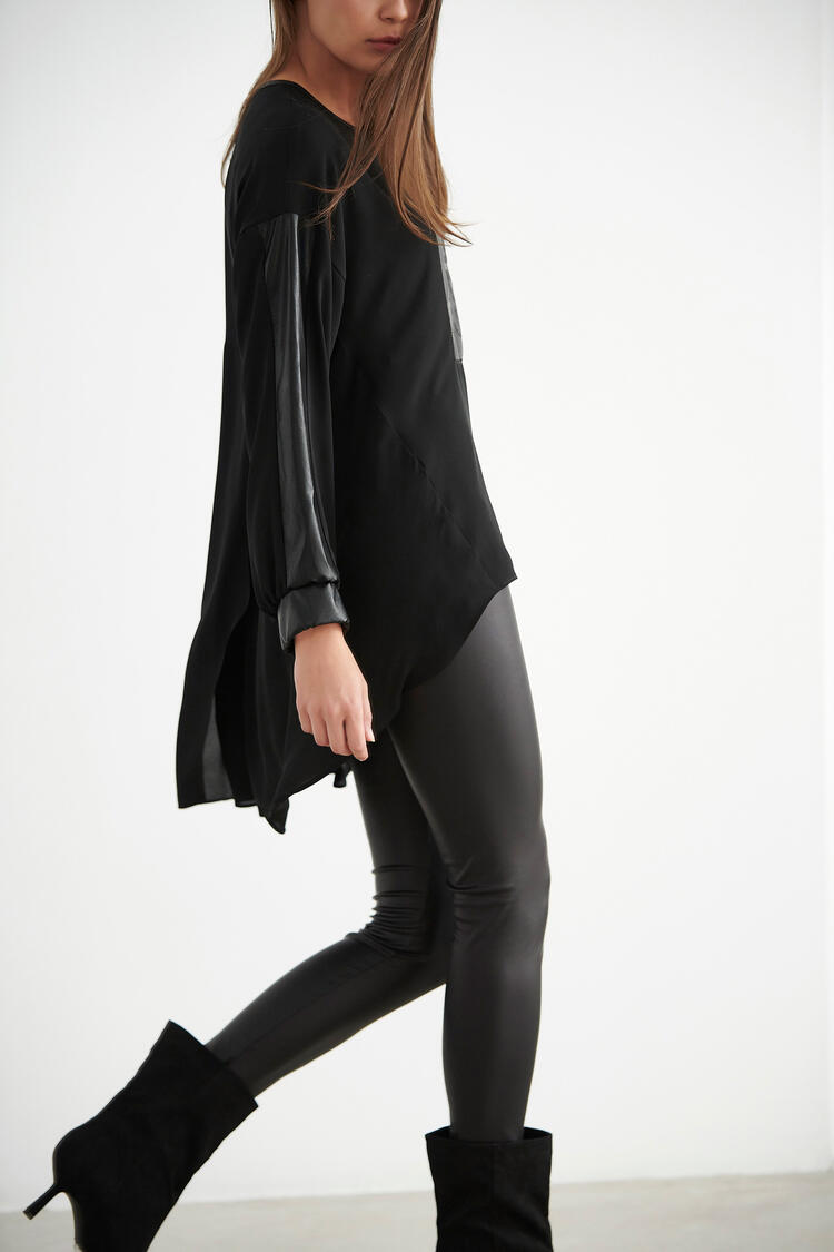 Asymmetrical blouse with a combination of fabrics - Black S