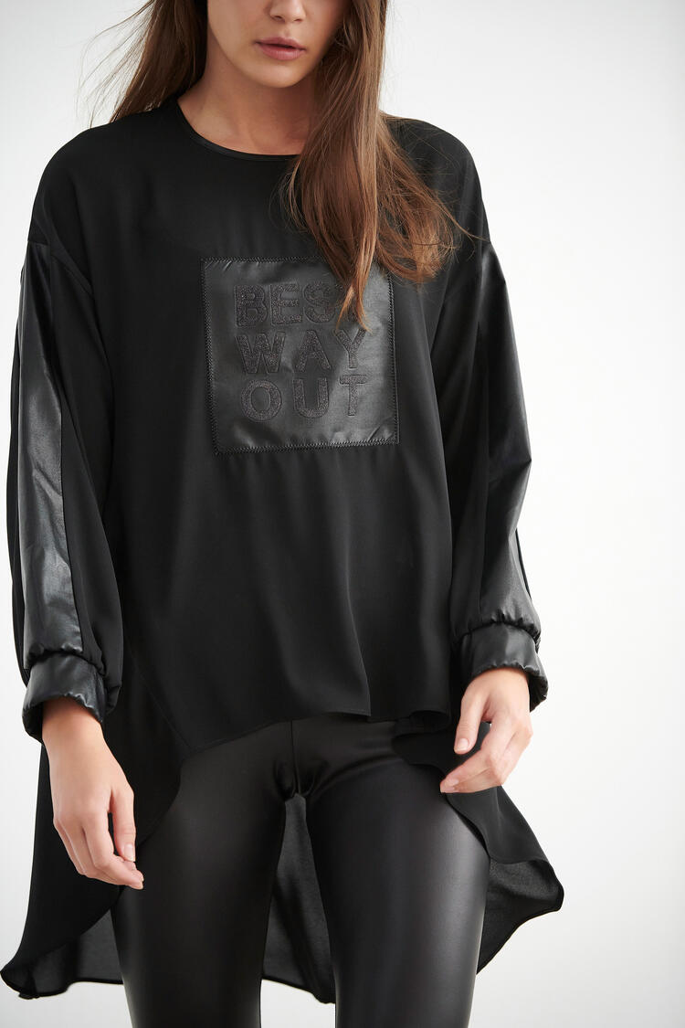 Asymmetrical blouse with a combination of fabrics - Black S