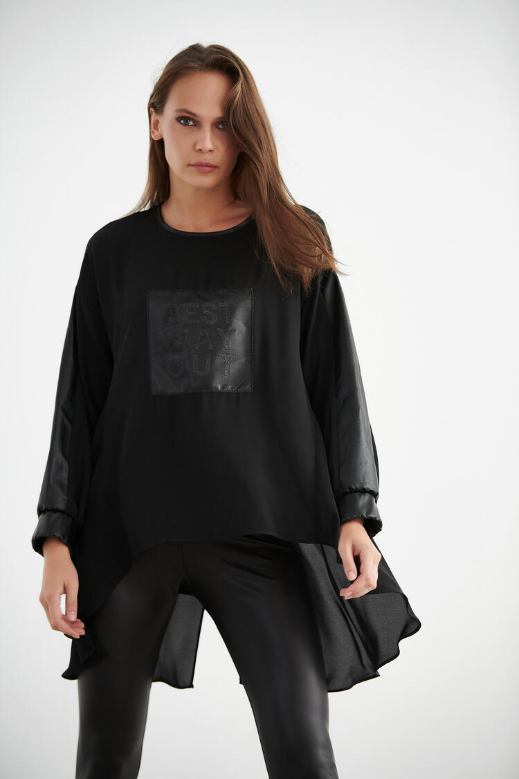 Asymmetrical blouse with a combination of fabrics - Black S
