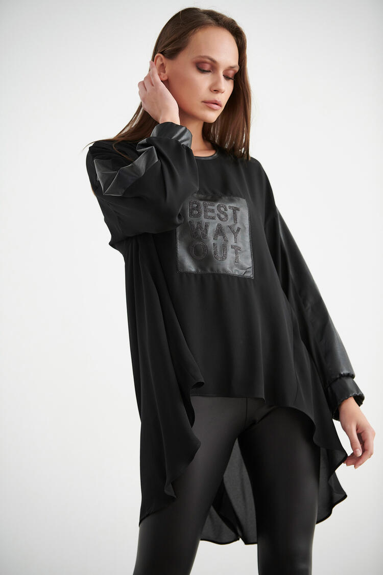 Asymmetrical blouse with a combination of fabrics - Black S