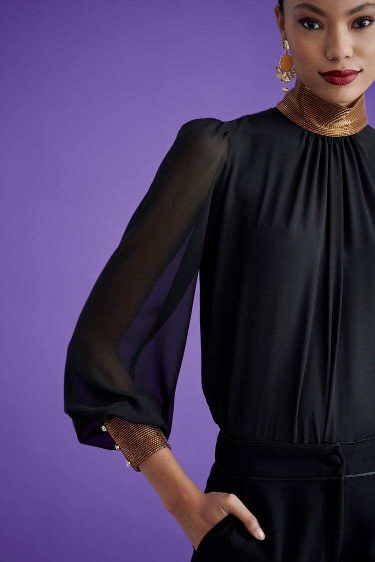 Translucent blouse with bronze details - Black S