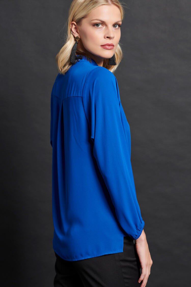 Long sleeve blouse with draped neckline - Electric Blue L