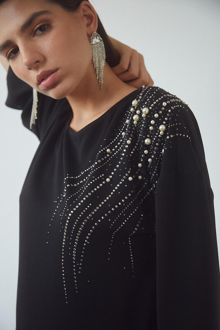 Blouse with pearls and rhinestones - Black S