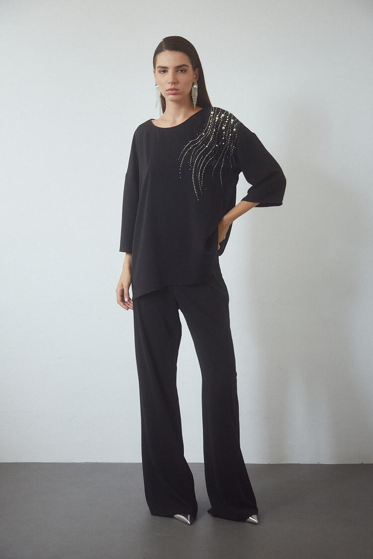 Blouse with pearls and rhinestones - Black S