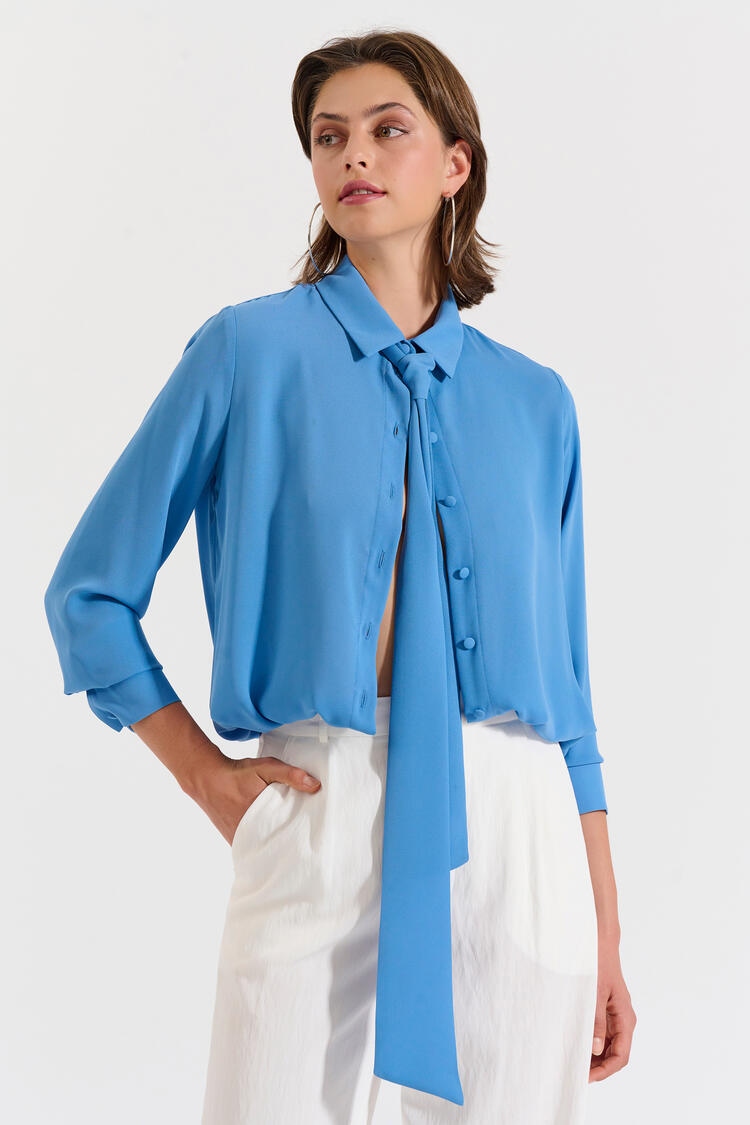Blouse with Neck Tie - Blue L