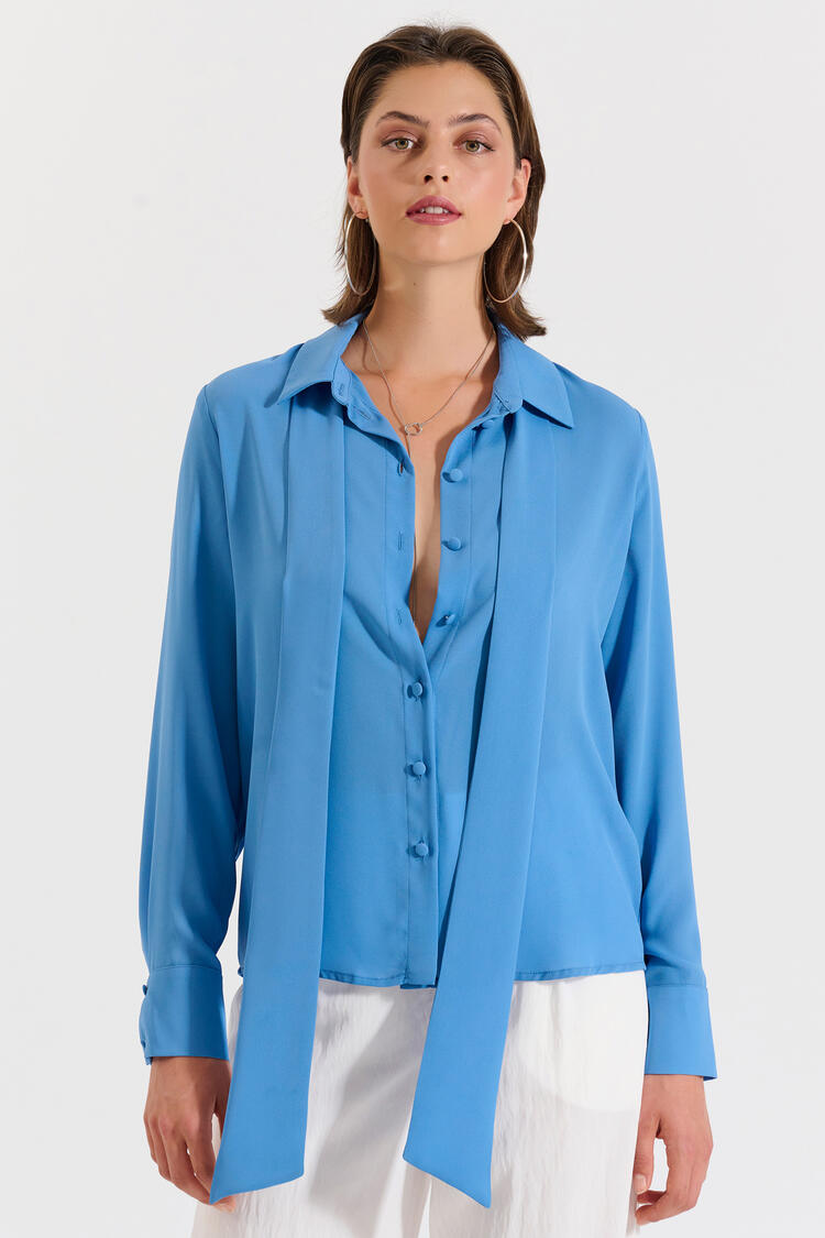 Blouse with Neck Tie - Blue L