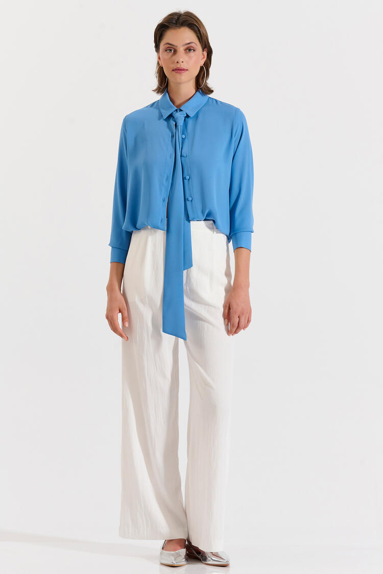 Blouse with Neck Tie - Blue L