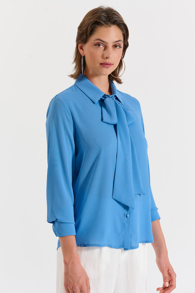 Blouse with Neck Tie - Blue L