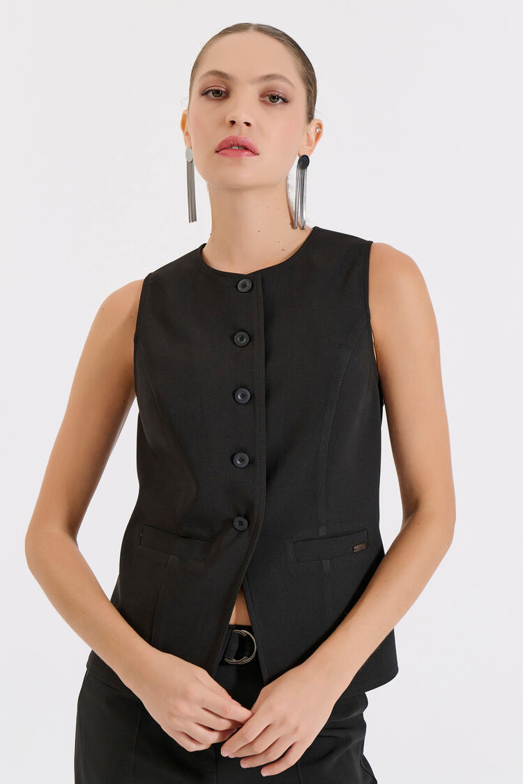 Classic Buttoned Vest - ΜΑΥΡΟ XXL