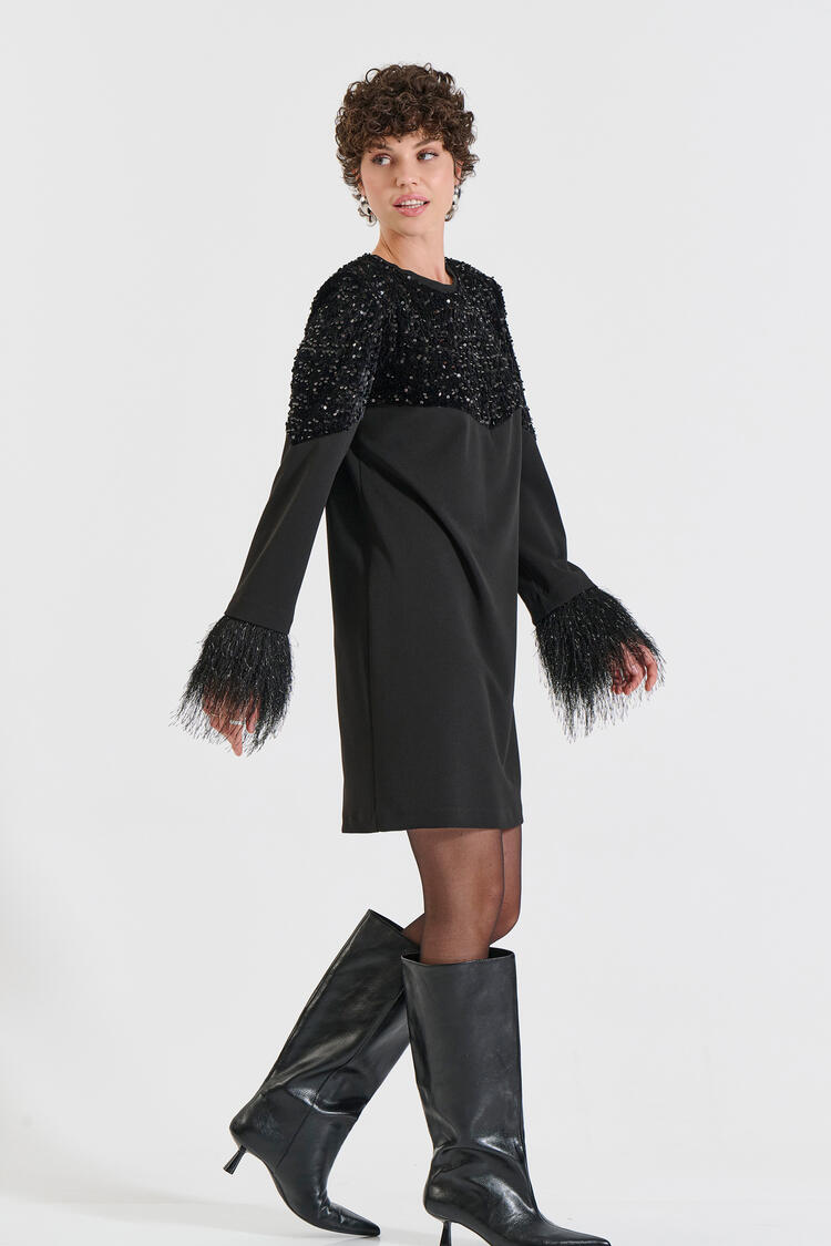 Dress with Sequins & Fringe Sleeves - Black M
