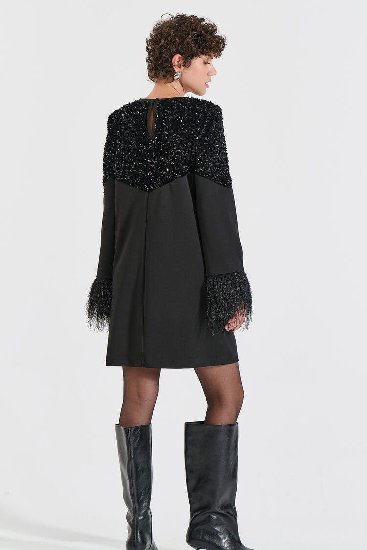 Dress with Sequins & Fringe Sleeves - Black M