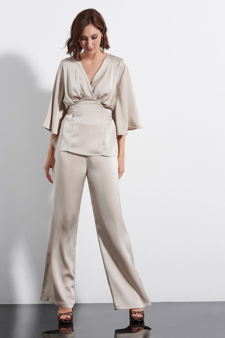 Pants with a satin look - Beige M