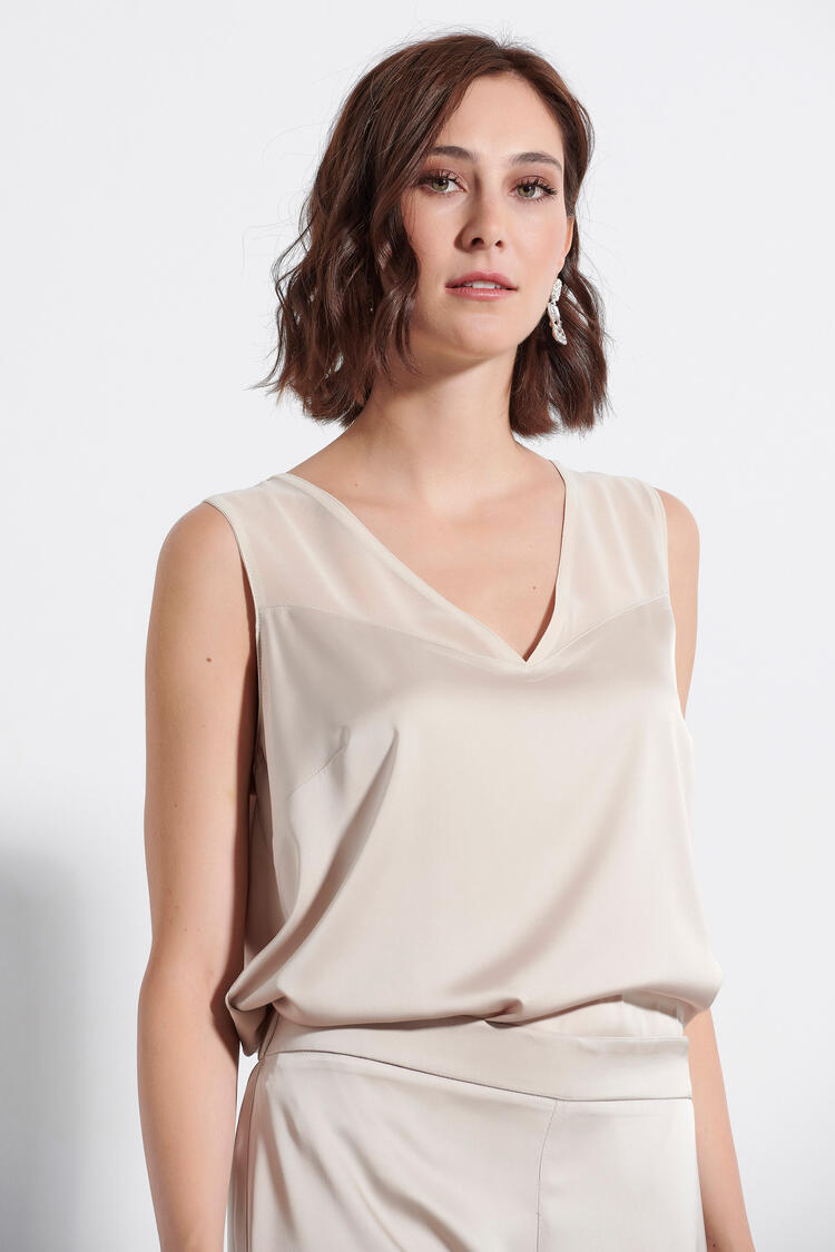 Satin blouse with transparent design - Beige M
