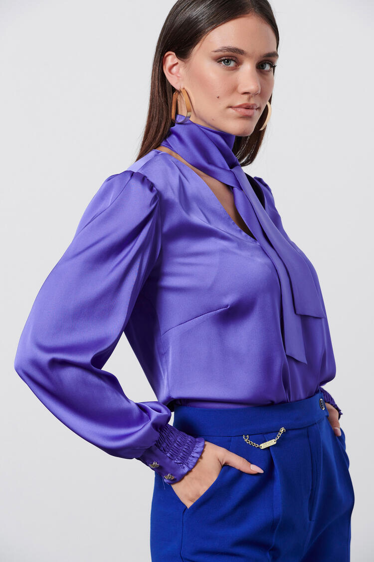 Satin blouse with detachable scarf - Purple S