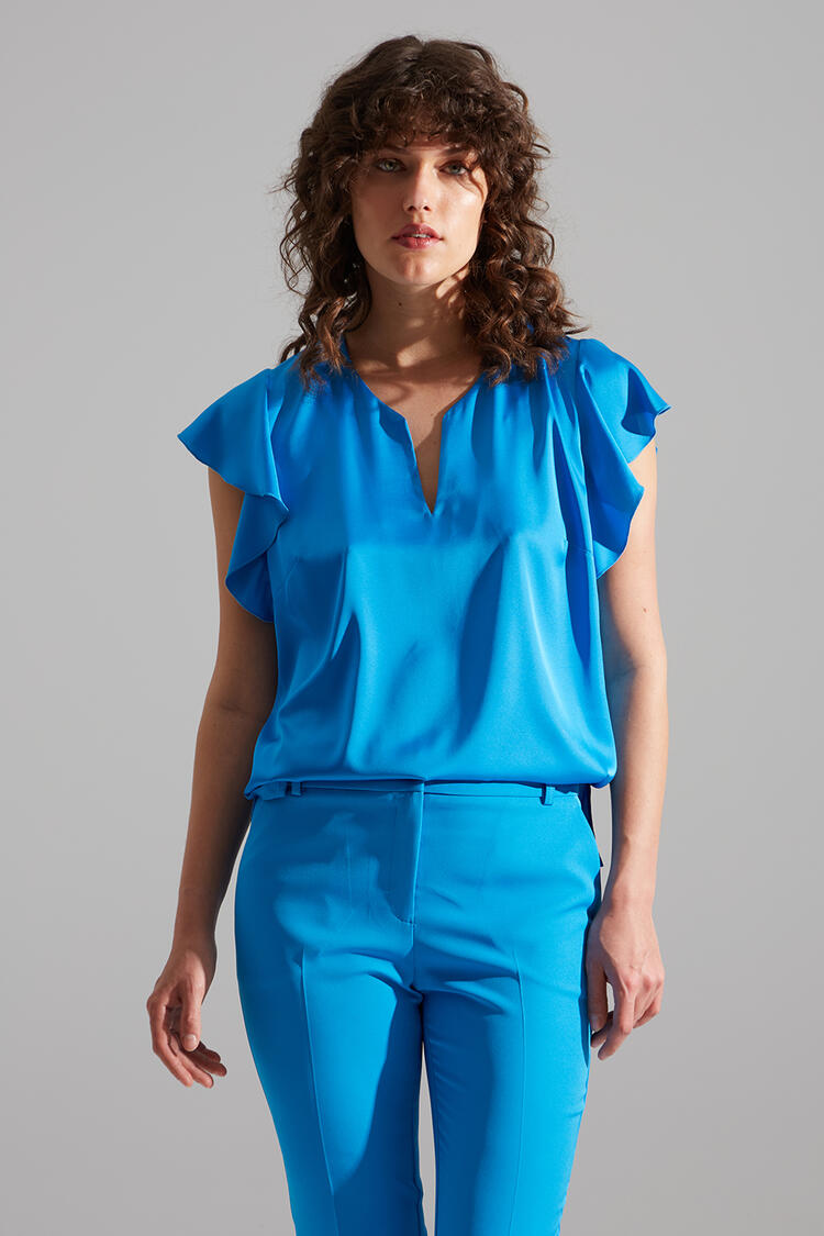 Satin blouse with ruffles on the sleeve - SKY BLUE S