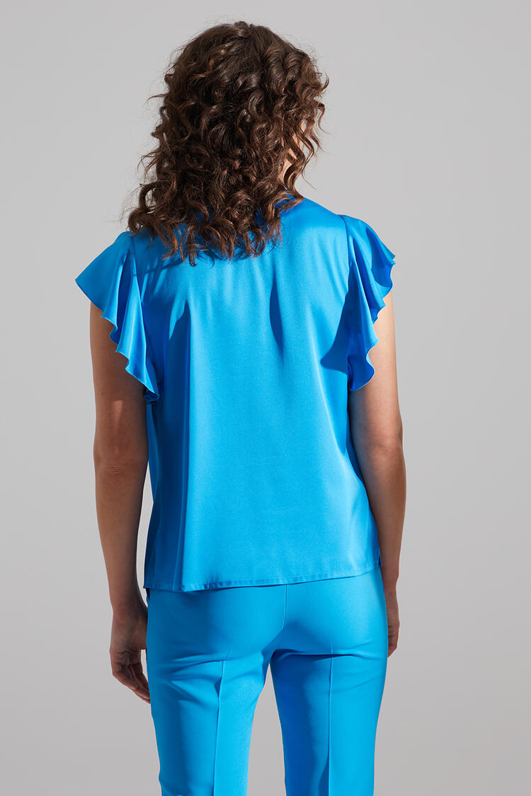 Satin blouse with ruffles on the sleeve - SKY BLUE S