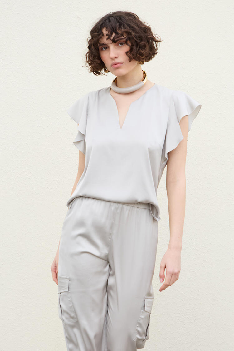 Satin blouse with ruffles on the sleeve - Grey XXL