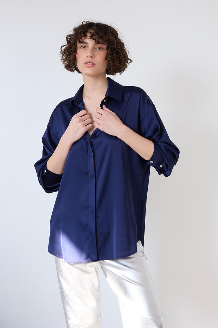 Oversized satin shirt - Blue S/M