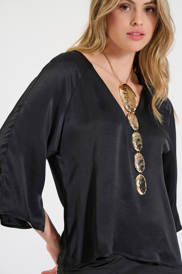 Satin Blouse with V-Neckline and Back Button Detail - Black S