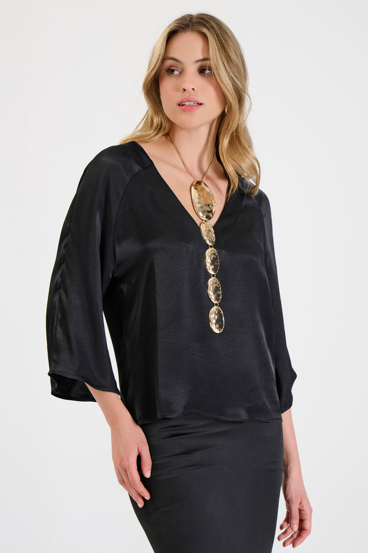 Satin Blouse with V-Neckline and Back Button Detail - Black S