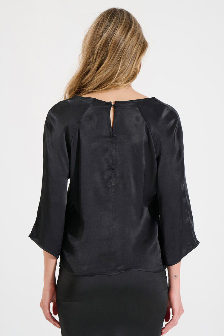Satin Blouse with V-Neckline and Back Button Detail - Black S