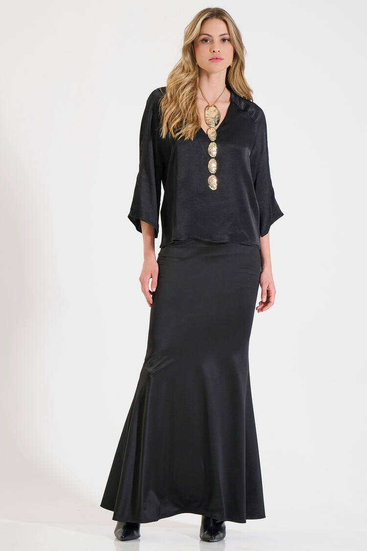 Satin Blouse with V-Neckline and Back Button Detail - Black S