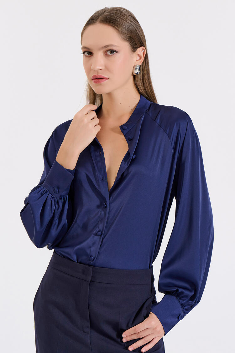 Satin Shirt with Stand Collar - Blue M