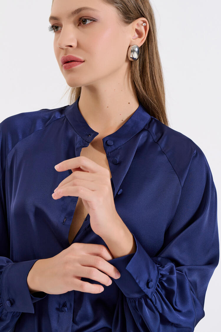 Satin Shirt with Stand Collar - Blue M