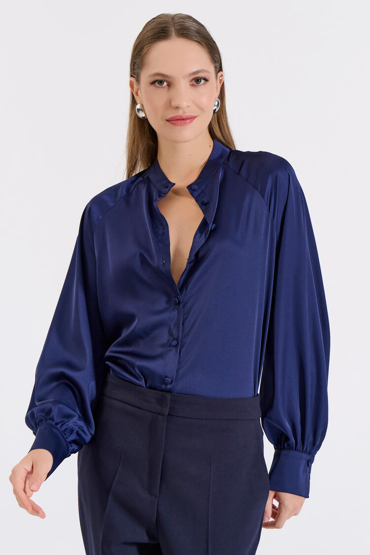 Satin Shirt with Stand Collar - Blue M