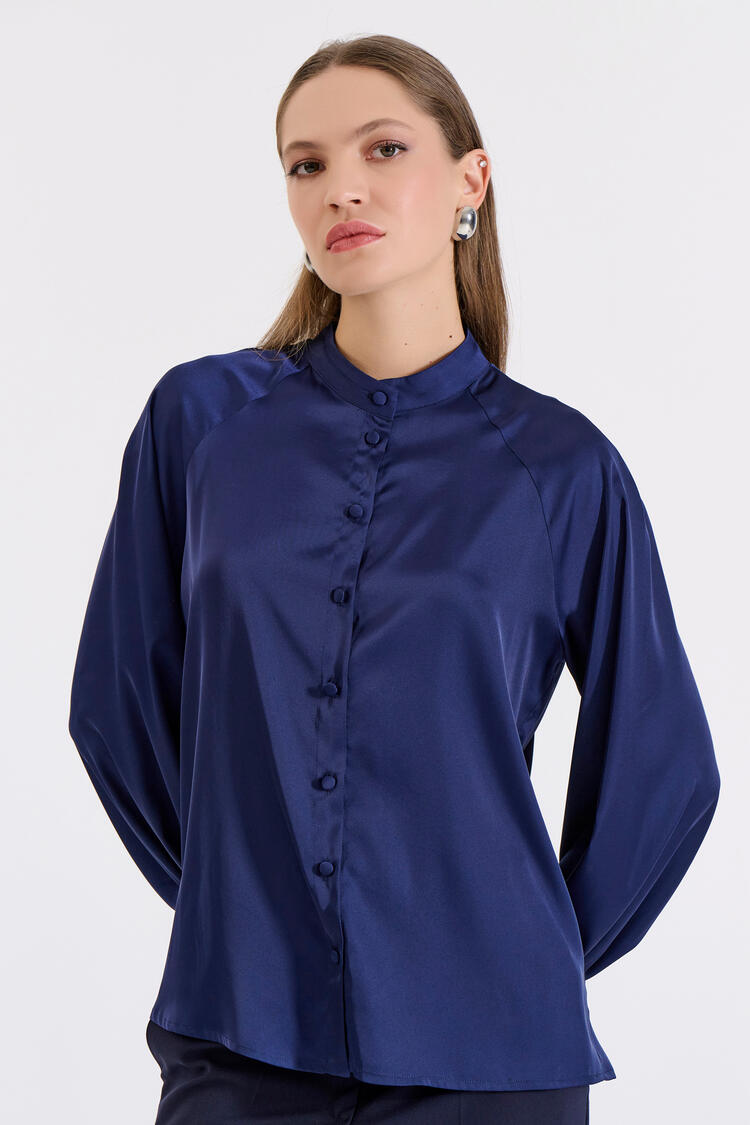 Satin Shirt with Stand Collar - Blue M