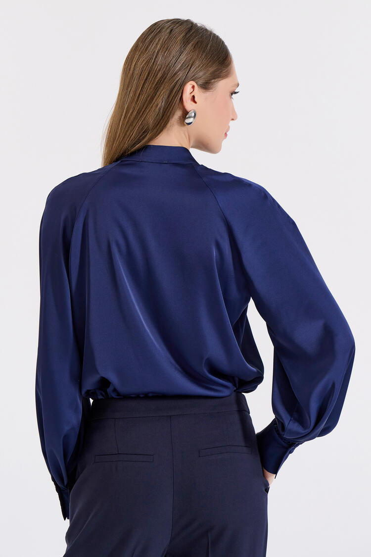 Satin Shirt with Stand Collar - Blue M