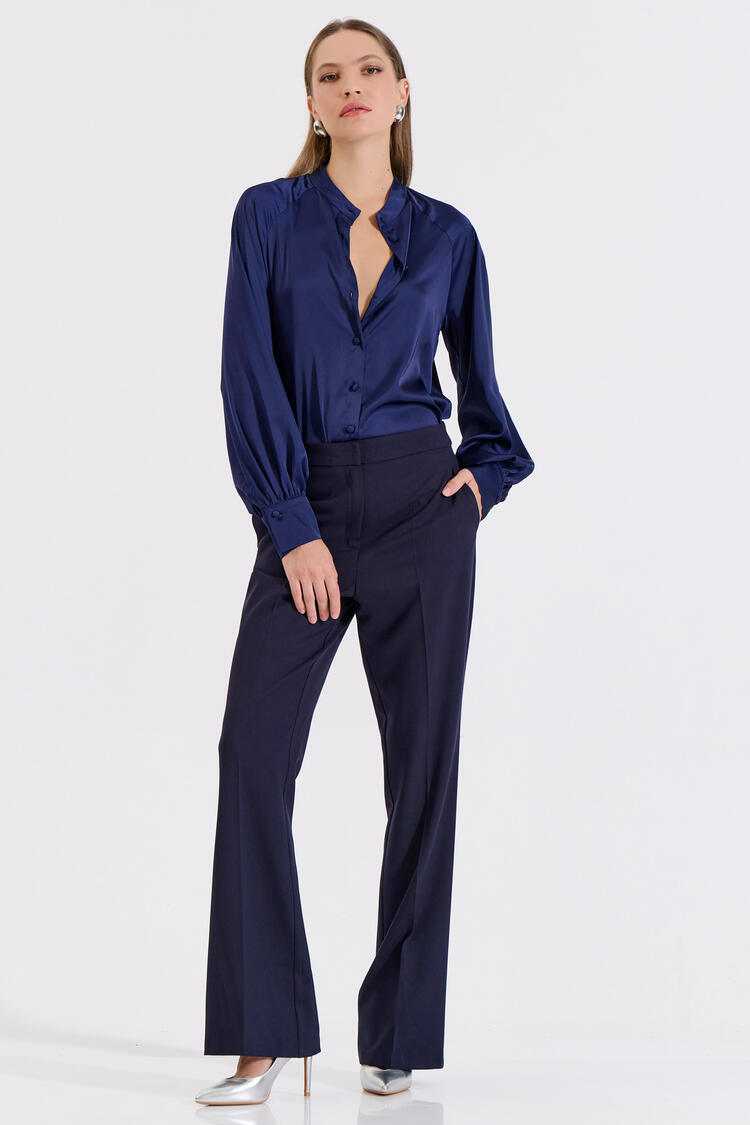 Satin Shirt with Stand Collar - Blue M
