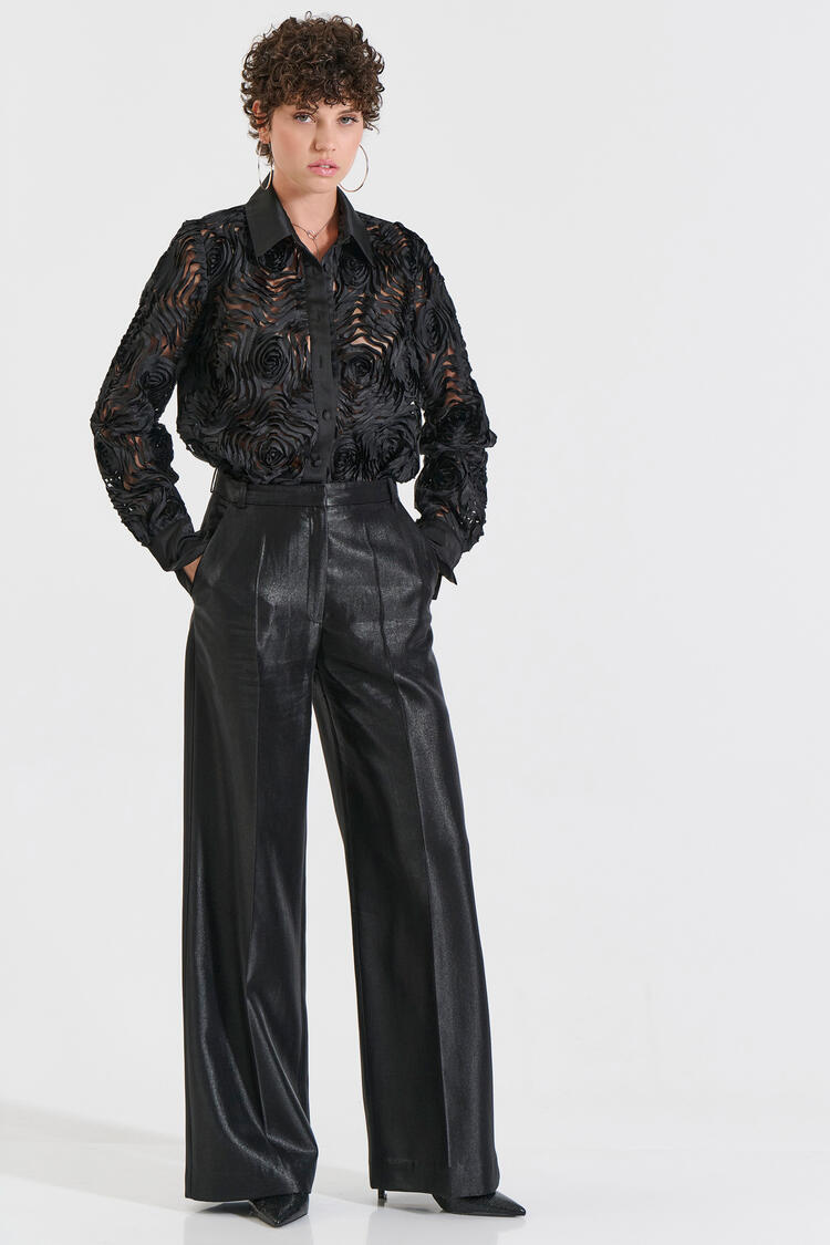 Satin Wide-Leg Trousers - Black XL