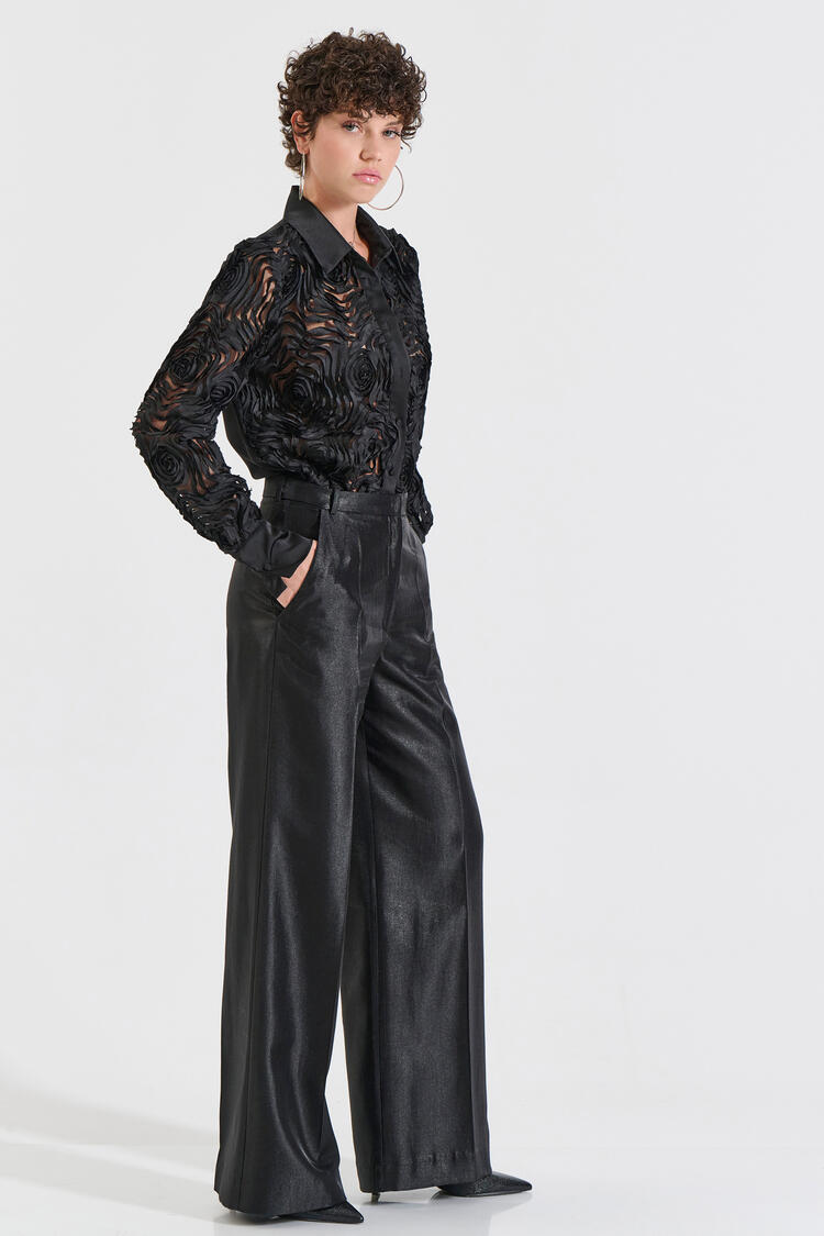 Satin Wide-Leg Trousers - Black XL
