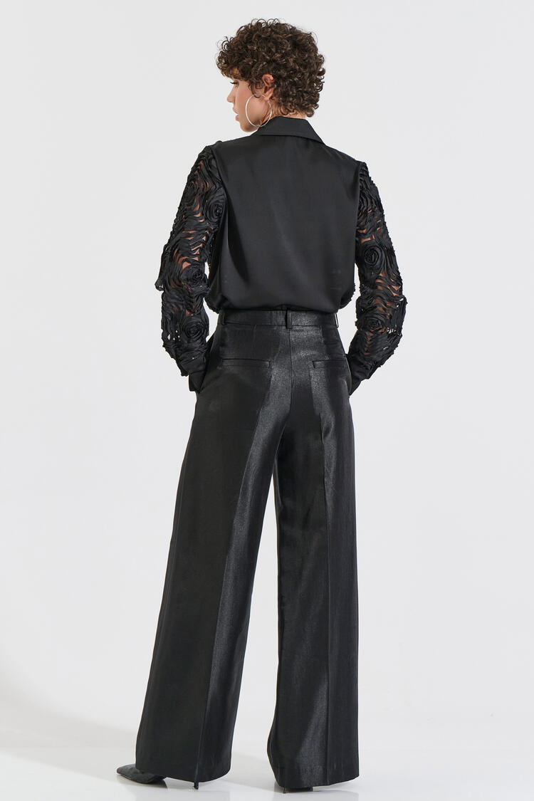 Satin Wide-Leg Trousers - Black XL