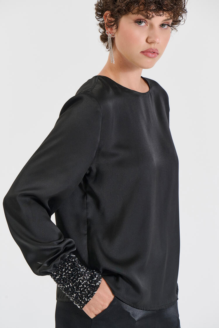 Satin Blouse with Embellished Cuffs - Black S