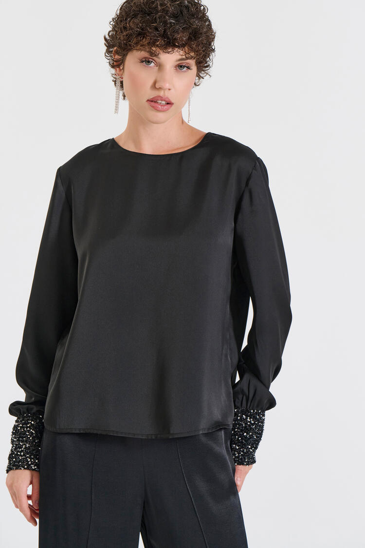 Satin Blouse with Embellished Cuffs - Black S