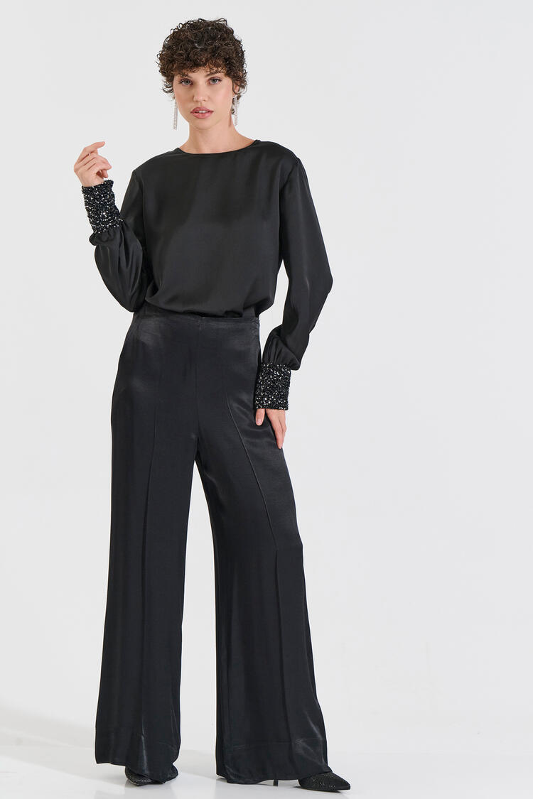 Satin Blouse with Embellished Cuffs - Black S