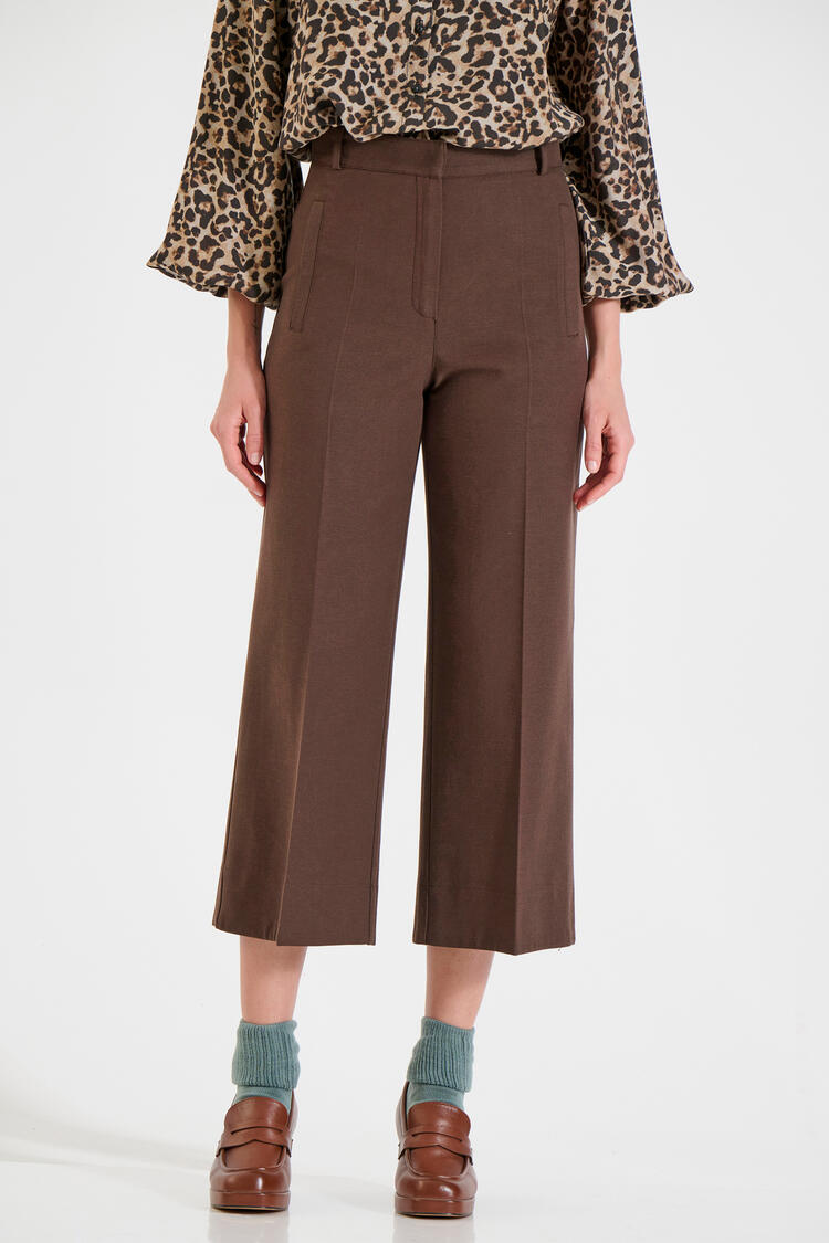 Tencel and Cotton Cropped Trousers - Brown S
