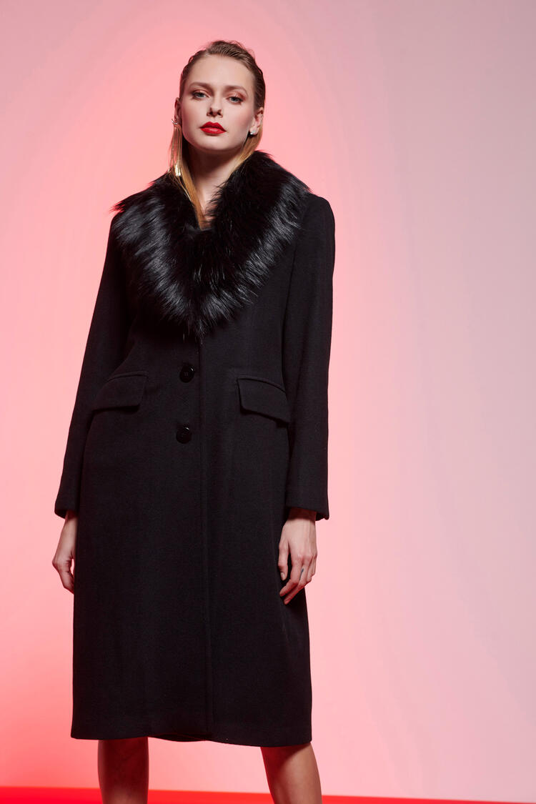 Woolen coat with detachable eco fur - Black M