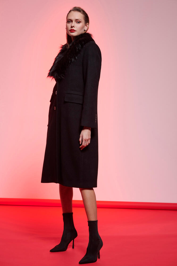 Woolen coat with detachable eco fur - Black M