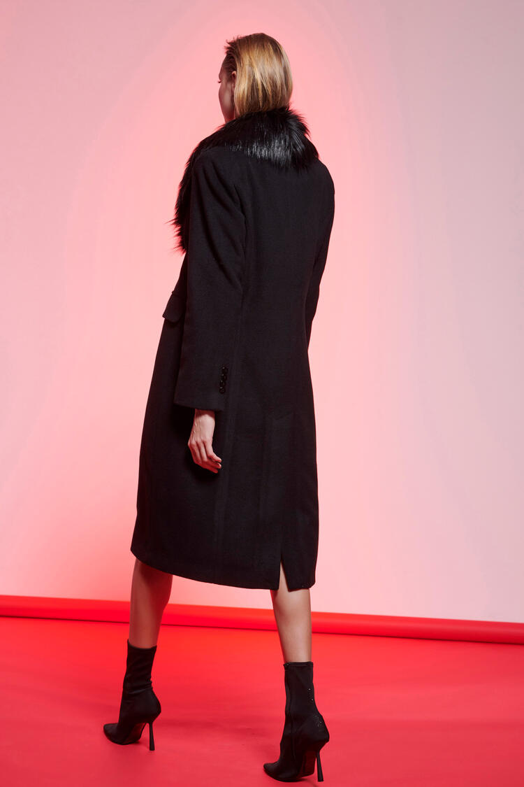 Woolen coat with detachable eco fur - Black M