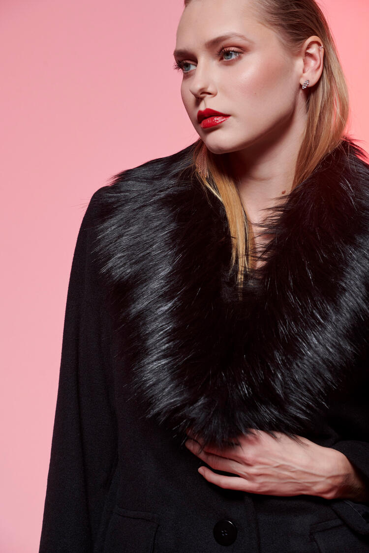 Woolen coat with detachable eco fur - Black M