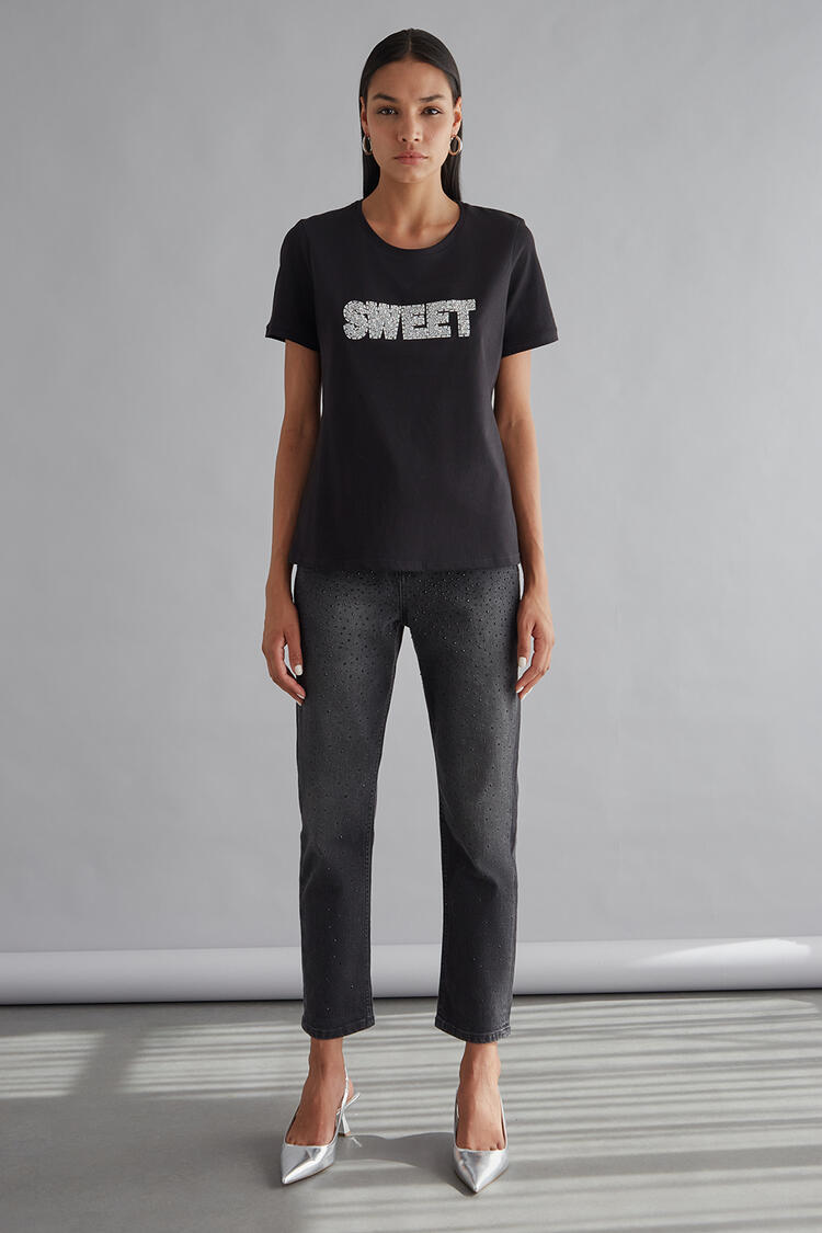 Cotton blouse with glitter gems "Sweet" - Black S