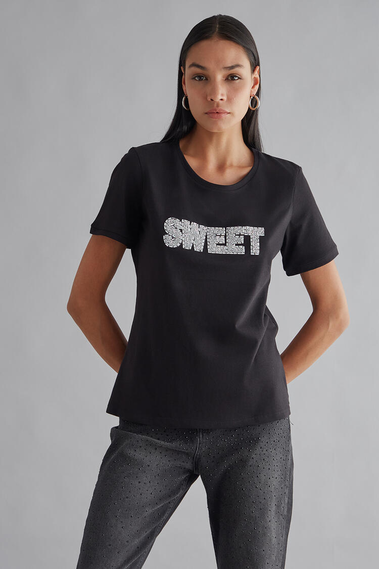 Cotton blouse with glitter gems "Sweet" - Black S